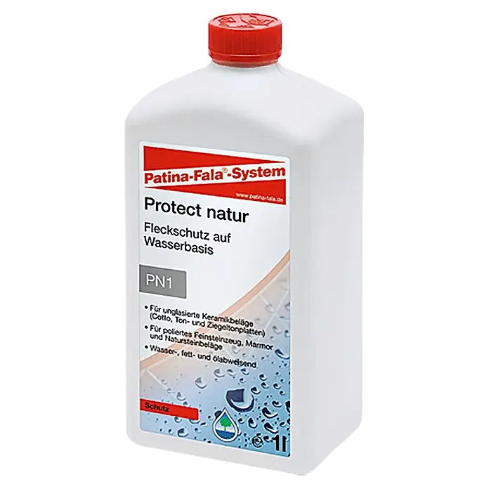 Patina-Fala Imprägnierung Plattenimprägnierung Protect Natur - 1 l - Die Flasche Patina-Fala Protect natur Fleckschutz auf Wasserbasis mit rotem Deckel schützt Keramik, Marmor und Naturstein.