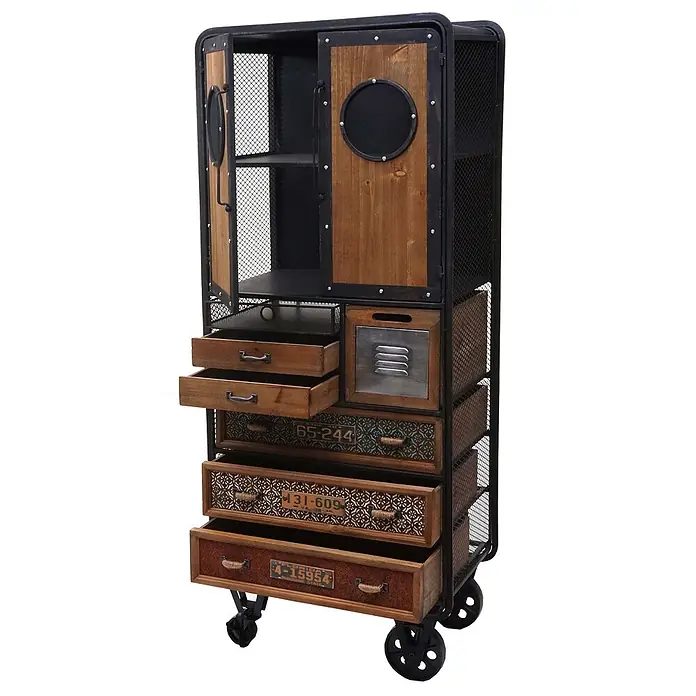 Mendler Apotheker-Schrank HWC-D78 146x60x35cm Tanne Vintage -  - Ein hoher Schrank im Industriestil aus Metall und Holz auf Rollen, mit mehreren Schubladen und einem Oberschrank mit Gitterfront.
