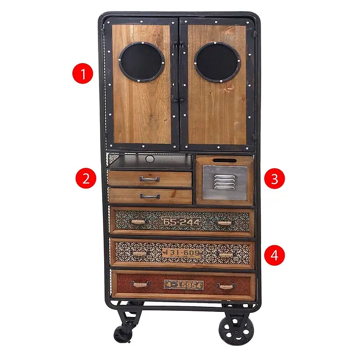 Mendler Apotheker-Schrank HWC-D78 146x60x35cm Tanne Vintage -  - Industrieller Schrank aus Holz und Metall mit verschiedenen Schubladen, darunter Kennzeichenfronten, und zwei oberen Türen mit runden Gitterdetails, auf Rollen.