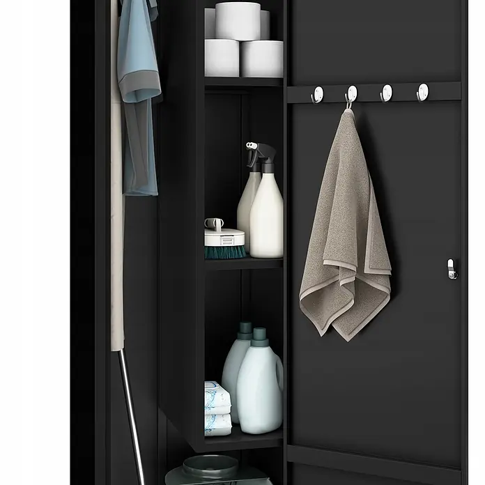 Jan Nowak Besen- und Haushaltsschrank AGNES, 50x185x50 cm, Schwarz -  - Schwarzer Mehrzweckschrank mit Regalen, Haken und Fächern, für Putzmittel, Toilettenpapier und einen Wischmopp.