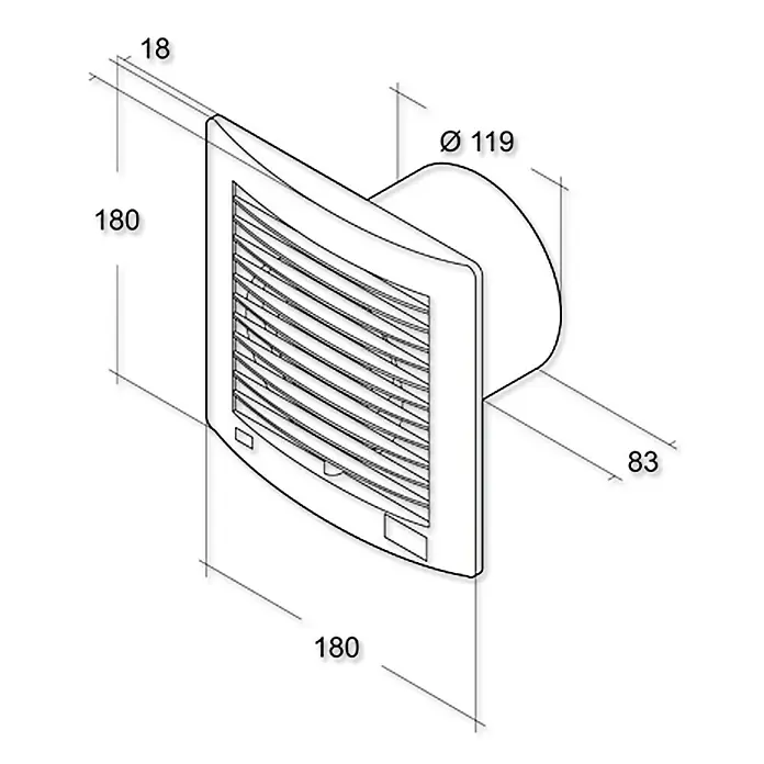 Air-Circle Wandventilator Air Style - Edelstahl, Durchmesser: 12,5 cm - Technische Zeichnung eines Abluftventilators mit Maßangaben zur Veranschaulichung der Abmessungen.