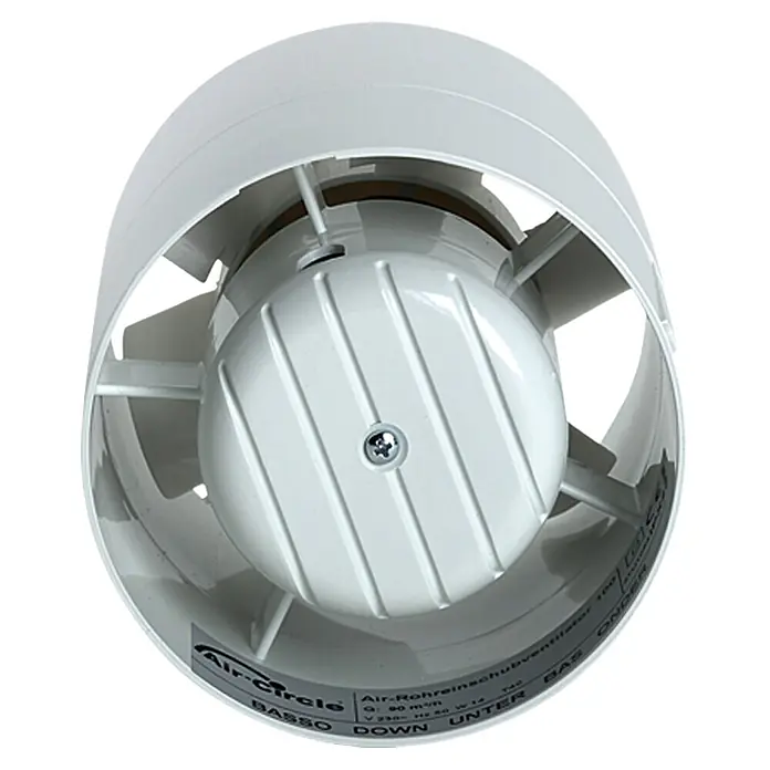Air-Circle Rohreinschub-Ventilator - 10 cm, Weiß - Nahaufnahme eines weißen Air-Circle Rohreinschubventilators, der für eine gute Belüftung in Innenräumen sorgt.