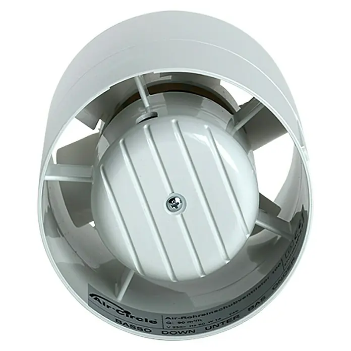 Air-Circle Rohreinschub-Ventilator - 10 cm, Weiß - Nahaufnahme eines weißen Air-Circle Rohreinschubventilators, der für eine gute Belüftung in Innenräumen sorgt.