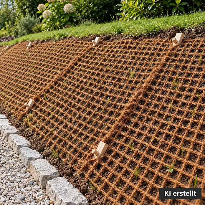 100m Böschungsmatte Ufermatte Kokos 1m breit Teichfolie Kokosmatte 450g -  - Braune Kokosfasermatte zur Erosionskontrolle auf einem Gartenhang, mit Holzstiften befestigt, daneben grüne Sprossen und eine Steinbegrenzung.