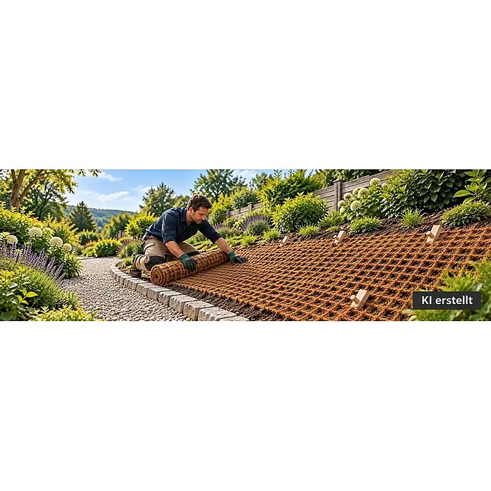 100m Böschungsmatte Ufermatte Kokos 1m breit Teichfolie Kokosmatte 450g -  - Mann verlegt braunes Kokosfaser-Erosionsschutznetz auf einem geneigten Gartenbeet.