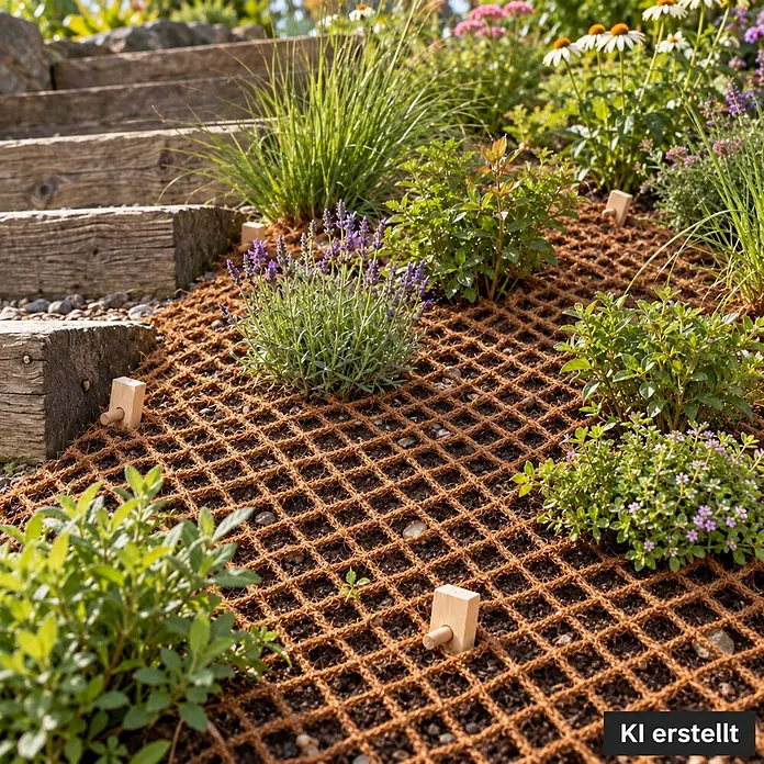 100m Böschungsmatte Ufermatte Kokos 1m breit Teichfolie Kokosmatte 450g -  - Braune Faser-Erosionsschutzmatte mit Rautenmuster auf Gartenhang, mit Holzpflöcken befestigt, mit Pflanzen.