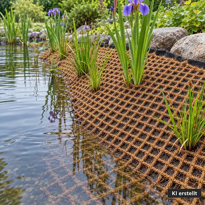 100m Böschungsmatte Ufermatte Kokos 1m breit Teichfolie Kokosmatte 450g -  - Braune Kokosgittermatte am Teichrand mit Pflanzen zur Erosionskontrolle und Bepflanzung.