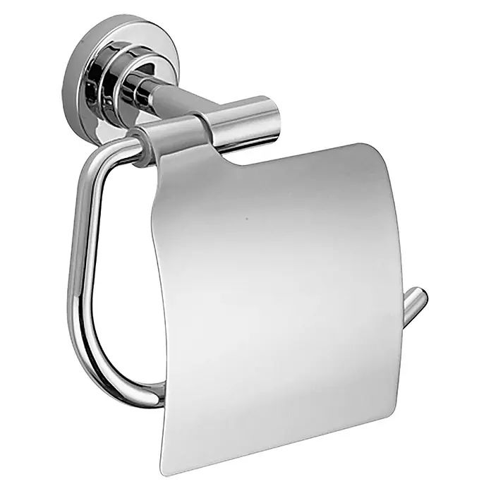 Camargue Lyon Toilettenpapierhalter - Mit Deckel, Silber, Glänzend - Nahaufnahme eines glänzenden, verchromten Toilettenpapierhalters mit Deckel zur stilvollen Badezimmerausstattung.