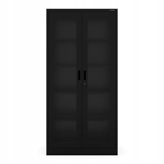 Jan Nowak Vitrinenschrank AMELIA, 90x185x40 cm, Schwarz -  - Schwarzer Metallschrank mit zwei transparenten Glastüren, Griffen und Schloss, mit mehreren Regalböden.
