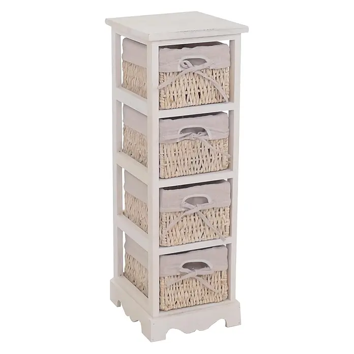 Mendler Regal mit 4 Korbschubladen 74x25x28cm - weiß -  - Weißes Holzregal mit vier natürlichen Weidenkörben, jeweils mit hellem Stofffutter und Schleife.