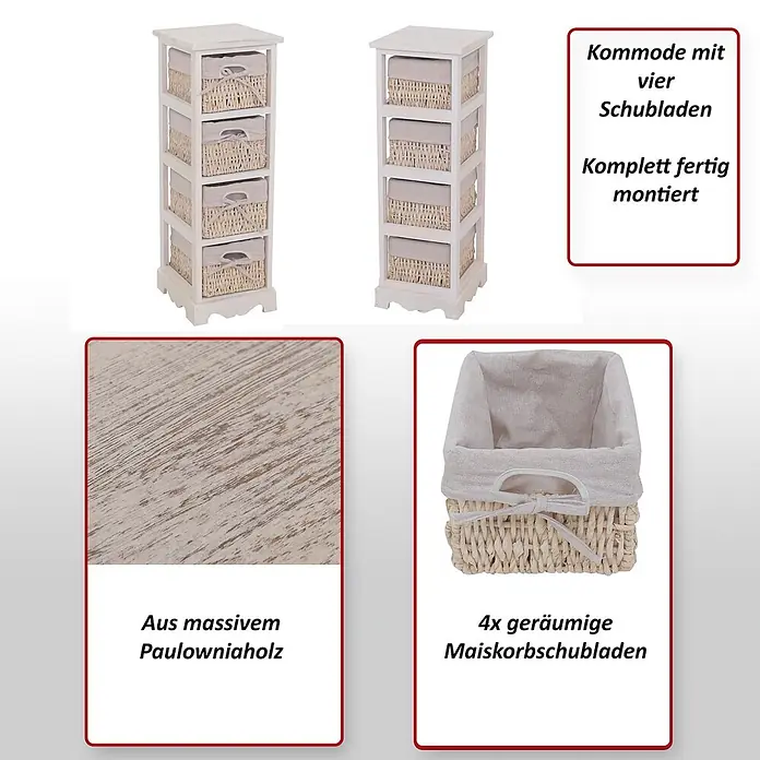 Mendler Regal mit 4 Korbschubladen 74x25x28cm - weiß -  - Weiße Kommode aus massivem Paulowniaholz mit vier geflochtenen Maiskorbschubladen.