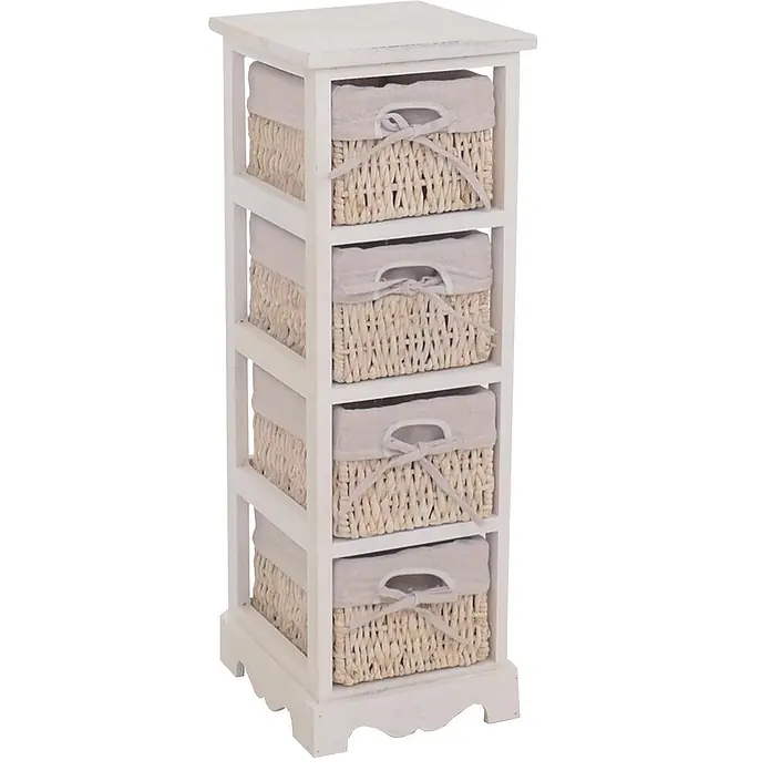Mendler Regal mit 4 Korbschubladen 74x25x28cm - weiß -  - Weißer Holzschrank mit fünf natürlichen Korbschubladen, jeweils mit hellem Stofffutter und Schleife.