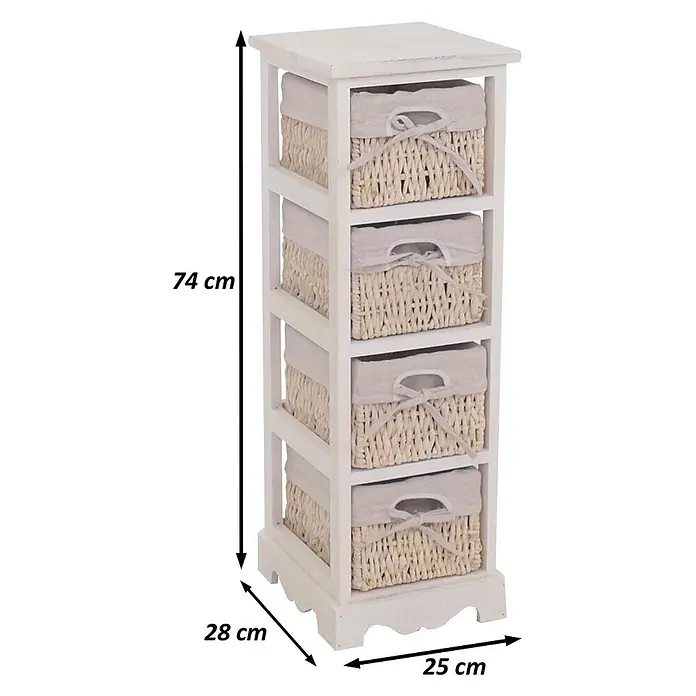 Mendler Regal mit 4 Korbschubladen 74x25x28cm - weiß -  - Weißes Holzregal mit 5 Weidenkörben mit hellem Stofffutter, 74x28x25 cm (HxTxB).