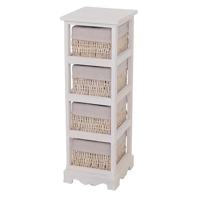 Mendler Regal mit 4 Korbschubladen 74x25x28cm - weiß -  - Weißes Holzregal mit vier natürlichen Weidenkörben und Stoffeinlagen zur Aufbewahrung.