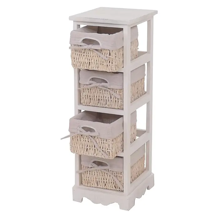 Mendler Regal mit 4 Korbschubladen 74x25x28cm - weiß -  - Weißes Holz-Aufbewahrungsregal mit vier geflochtenen Körben, jeweils mit hellem Stofffutter und Schleife.