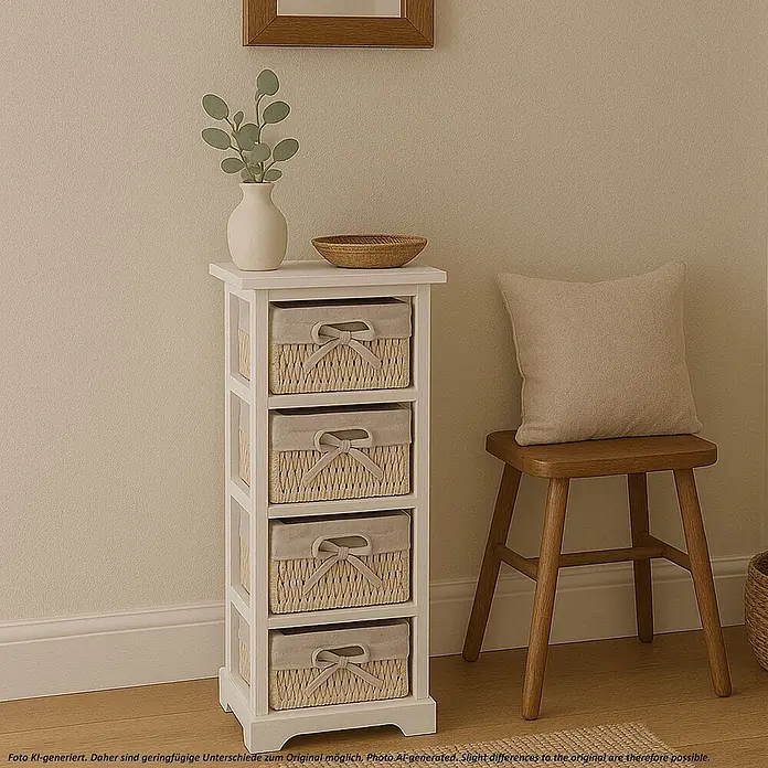 Mendler Regal mit 4 Korbschubladen 74x25x28cm - weiß -  - Weißer schlanker Holzschrank mit vier Weidenkörben und Stoffeinlagen in gemütlichem Raumambiente.