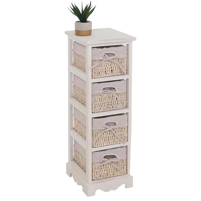 Mendler Regal mit 4 Korbschubladen 74x25x28cm - weiß -  - Weißes Holzregal mit fünf hellen Korbschubladen und Stoffeinlagen, mit kleiner Pflanze obenauf.