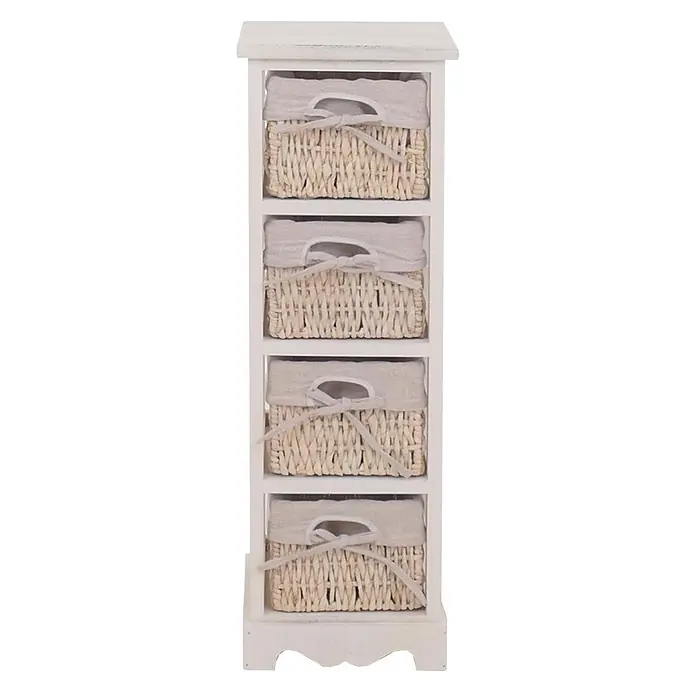 Mendler Regal mit 4 Korbschubladen 74x25x28cm - weiß -  - Weiße Holzkommode mit vier naturfarbenen geflochtenen Weidenkörben und hellgrauen Stoffeinlagen, ideal zur Aufbewahrung.