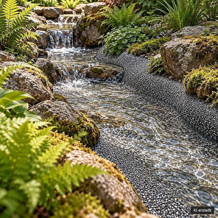 Steinfolie 14m x 1m breit Für Teichrand Bachlauf Teichfolie Kiesfolie Grau -  - Üppiger Gartenbach mit Wasserfällen, moosbewachsenen Steinen und Grünpflanzen, das Bett mit Kieseln ausgekleidet.
