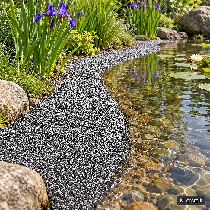 Steinfolie 14m x 1m breit Für Teichrand Bachlauf Teichfolie Kiesfolie Grau -  - Schwarzer und grauer körniger Teichrand, der Wasser von Pflanzen in einem Gartenteich trennt.