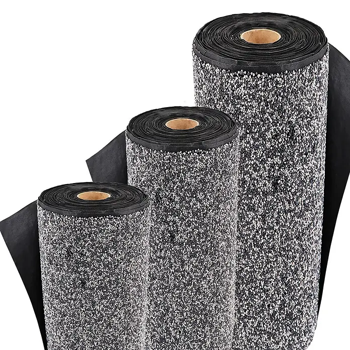 Steinfolie 14m x 1m breit Für Teichrand Bachlauf Teichfolie Kiesfolie Grau -  - Drei Rollen schwarzer granulierte Dachpappe mit grauen und weißen Steinen.