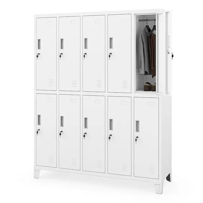 Jan Nowak Arbeitsschutzschrank BARTEK, 10-türig, 136x172x45 cm, Weiß -  - Weißer Metallschließfachschrank mit mehreren Fächern; eines offen mit Kleidung und Schuhen.