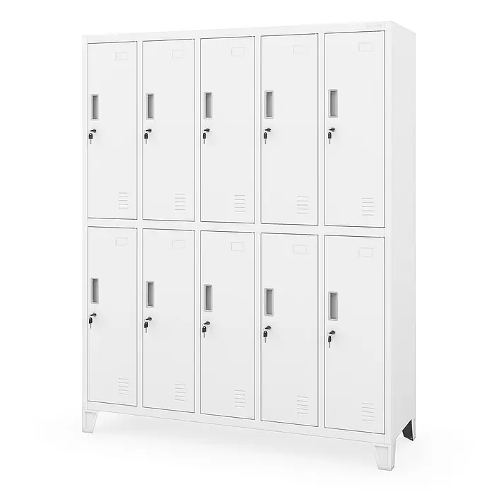 Jan Nowak Arbeitsschutzschrank BARTEK, 10-türig, 136x172x45 cm, Weiß -  - Weißer Metallspindschrank mit zehn einzelnen Fächern, jeweils mit Schlüssel und Griff.