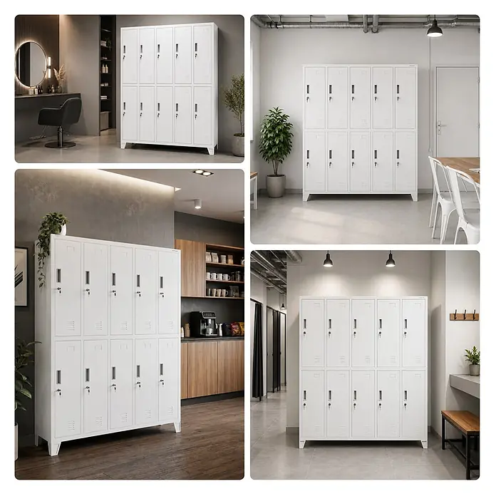 Jan Nowak Arbeitsschutzschrank BARTEK, 10-türig, 136x172x45 cm, Weiß -  - Weißer Mehrfach-Stahlschrank mit individuellen Schlössern und Schlüsseln, geeignet für diverse moderne Räume.