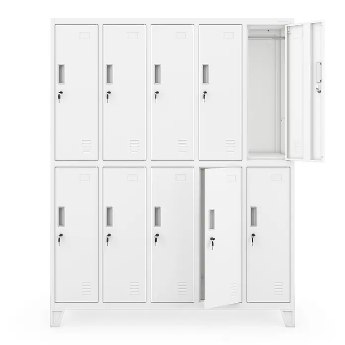 Jan Nowak Arbeitsschutzschrank BARTEK, 10-türig, 136x172x45 cm, Weiß -  - Weißer Metallspind mit 10 Fächern. Zwei Türen sind offen und zeigen den Innenraum, Schlüssel stecken in den Schlössern, integrierte Griffe.