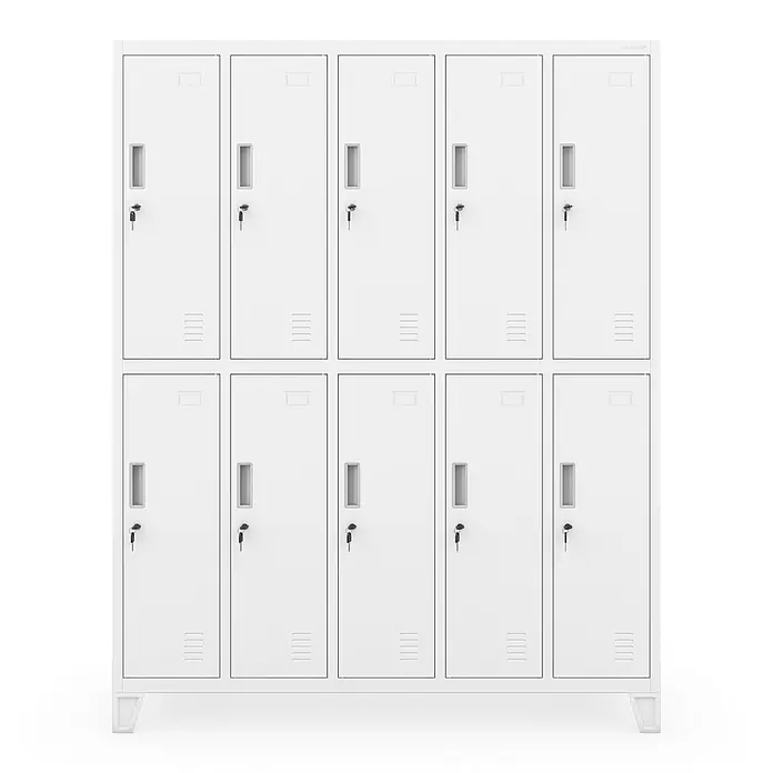 Jan Nowak Arbeitsschutzschrank BARTEK, 10-türig, 136x172x45 cm, Weiß -  - Weißer Metallspind mit 10 Fächern, Schlüsselschlössern und Lüftungsschlitzen.