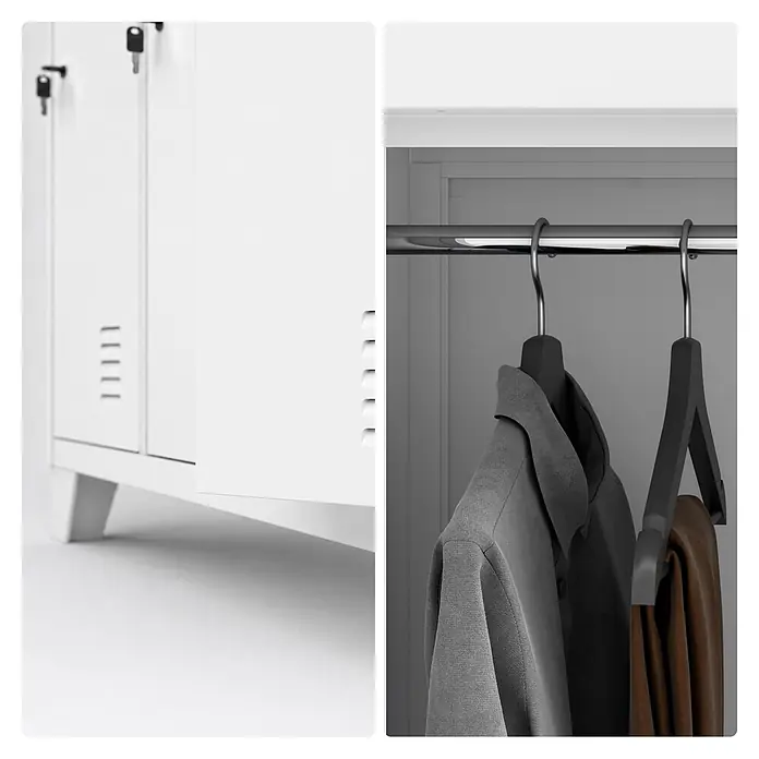 Jan Nowak Arbeitsschutzschrank BARTEK, 10-türig, 136x172x45 cm, Weiß -  - Weißer Metallspind mit Schlüsseln und offener Kleiderschrank mit grauem Hemd und brauner Hose.