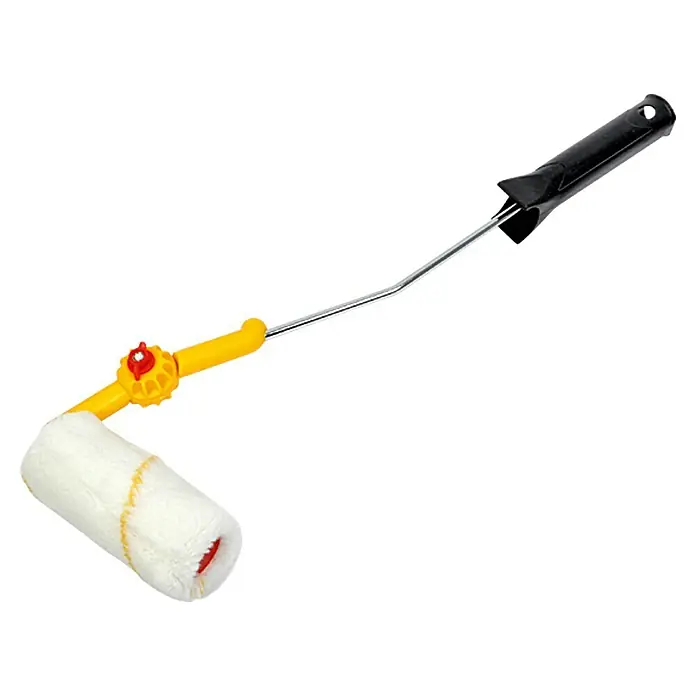 Lehnartz Farbroller Flexi - 11 cm, Stufenlos verstellbar - Ein Farbroller mit einem schwarzen Griff, einem gelben Mittelteil und einer weißen Walze für präzise Farbaufträge.