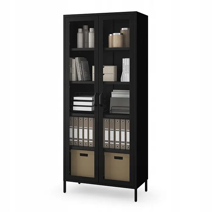 Jan Nowak Wohnzimmervitrine ANGELO, 80x185x45 cm, Schwarz -  - Schwarzer Metallschrank mit Glastüren zur Aufbewahrung.