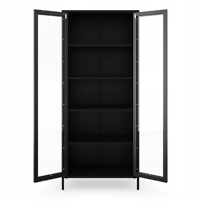 Jan Nowak Wohnzimmervitrine ANGELO, 80x185x45 cm, Schwarz -  - Schwarze Metallvitrine mit zwei offenen Glastüren, die mehrere Innenböden zeigen.