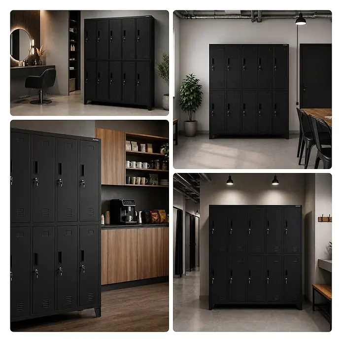 Jan Nowak Arbeitsschutzschrank BARTEK, 10-türig, 136x172x45 cm, Schwarz -  - Schwarze Metallspinde in verschiedenen modernen Umgebungen wie Salon, Büro und Umkleidekabine, zeigen vielseitige Aufbewahrungslösungen.