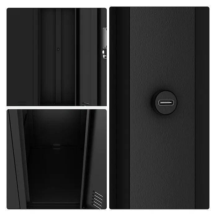 Jan Nowak Arbeitsschutzschrank BARTEK, 10-türig, 136x172x45 cm, Schwarz -  - Dunkelgrauer Metallschrank mit elektronischem Schloss und strukturierter Oberfläche, zeigt Innenraum und Lüftungsschlitze.
