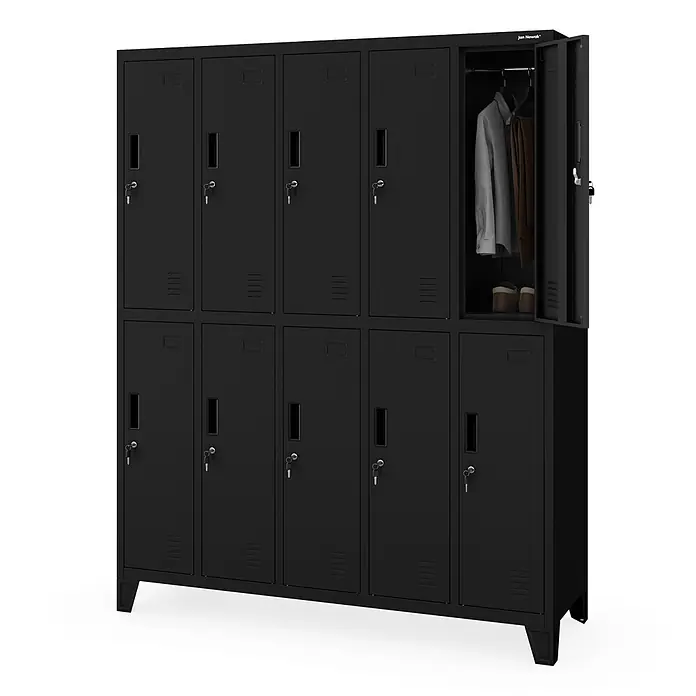 Jan Nowak Arbeitsschutzschrank BARTEK, 10-türig, 136x172x45 cm, Schwarz -  - Schwarzer Metallschrank mit zehn Fächern, eines geöffnet mit Kleidung und Schuhen.
