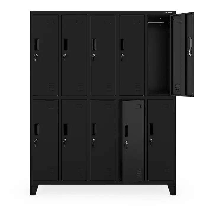 Jan Nowak Arbeitsschutzschrank BARTEK, 10-türig, 136x172x45 cm, Schwarz -  - Schwarzer Metallspind mit mehreren Fächern, eine Tür offenbart eine Kleiderstange. Ideal zur Aufbewahrung.