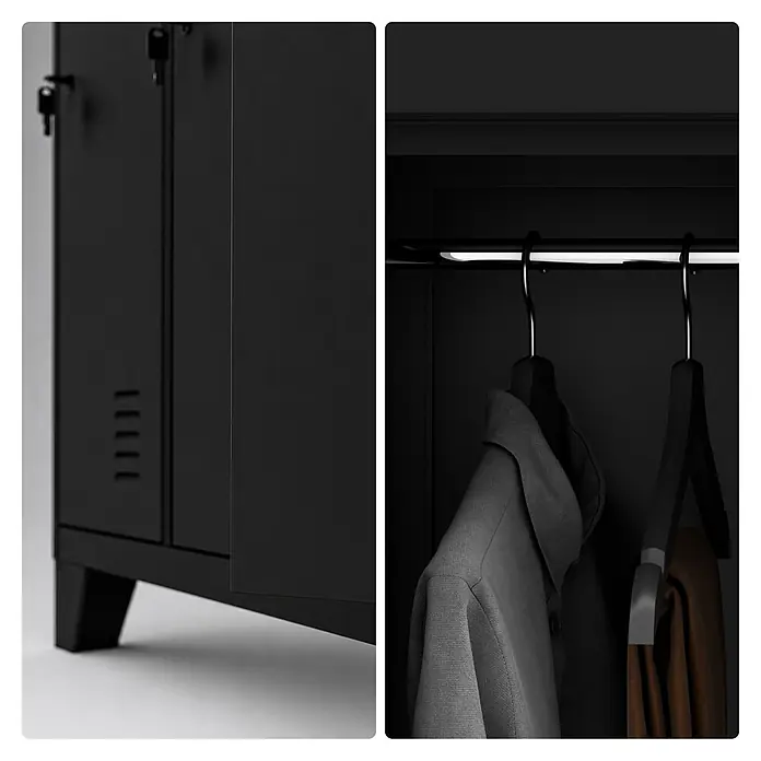 Jan Nowak Arbeitsschutzschrank BARTEK, 10-türig, 136x172x45 cm, Schwarz -  - Schwarzer Metallschrank mit Schlüsseln und einer Kleiderstange im Inneren.