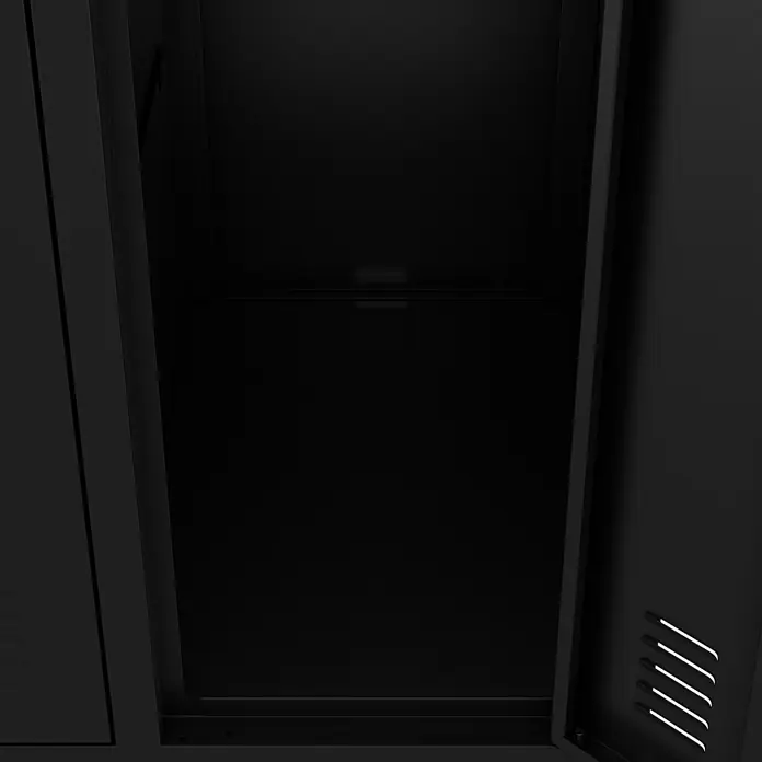 Jan Nowak Arbeitsschutzschrank BARTEK, 10-türig, 136x172x45 cm, Schwarz -  - Offener schwarzer Metallschrank mit leerem Innenraum, Lüftungsschlitze sichtbar.