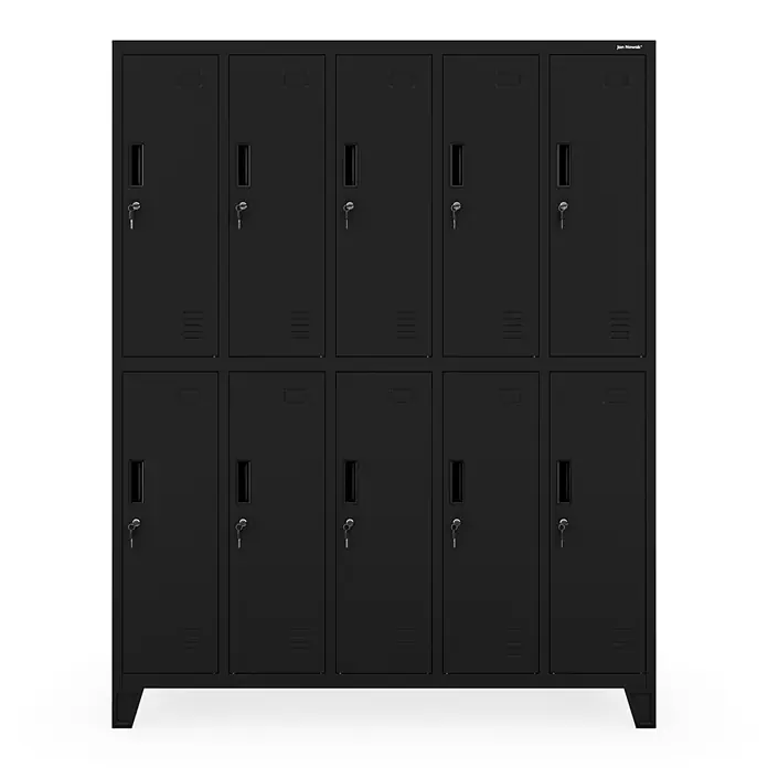 Jan Nowak Arbeitsschutzschrank BARTEK, 10-türig, 136x172x45 cm, Schwarz -  - Schwarzer Metallspind mit 10 abschließbaren Fächern, jeweils mit Schlüssel, Griff und Lüftungsschlitzen.