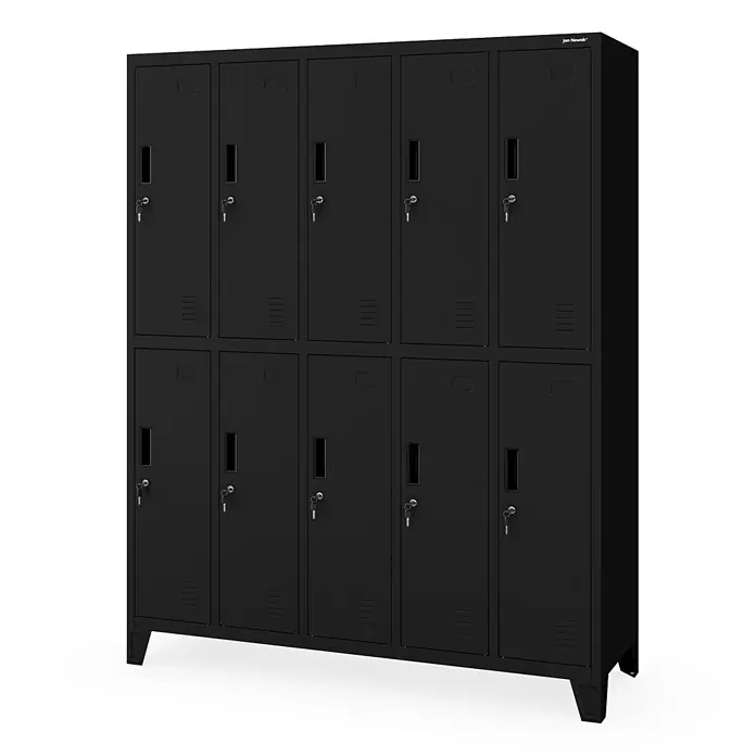 Jan Nowak Arbeitsschutzschrank BARTEK, 10-türig, 136x172x45 cm, Schwarz -  - Schwarzer Metallschließfachschrank mit 10 abschließbaren Fächern, jeweils mit Schlüssel und Lüftungsschlitzen.