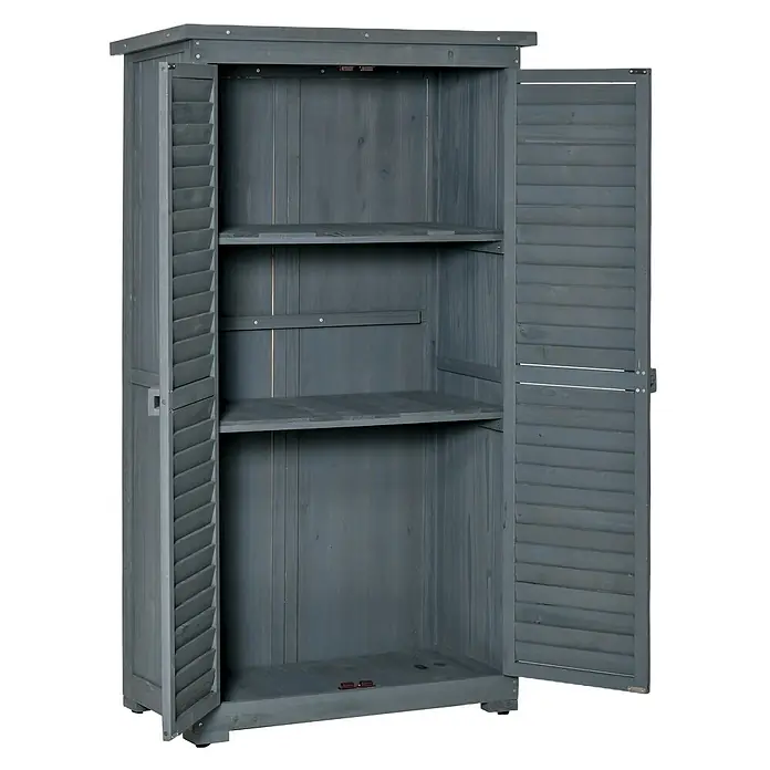 Furnicato Gartenschrank aus Tannenholz, Grau, 87 x 46,5 x 160 cm -  - Grauer Holzschrank mit offenen Lamellentüren, der zwei Innenregale zeigt.