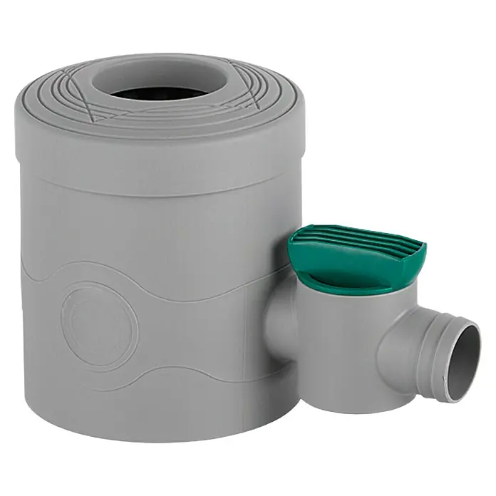 Arves Regensammler mit Hahn - Grobfilter & Absperrhahn, Grau, Größe Anschluss: 32 mm - Ein grauer Hofablauf mit grünem Deckel, ideal für die Entwässerung im Außenbereich. Robuste Bauweise für langanhaltende Nutzung.