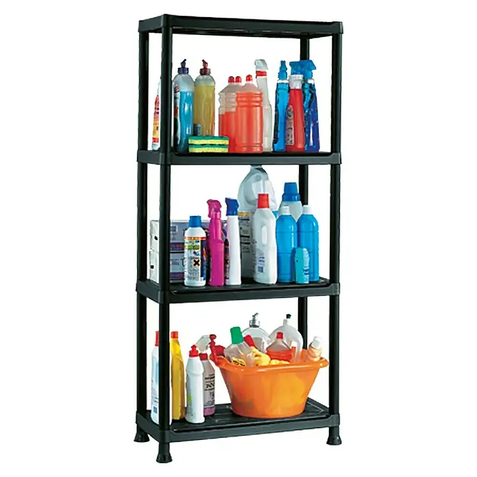 Regalux Kunststoffregal - H x B x T: 143 x 60 x 30 cm, Traglast pro Boden: 20 kg, Anzahl Böden: 4 Stk., Stecken, Schwarz - Kunststoffregal mit vier Ablagen voll mit Reinigungsmitteln.