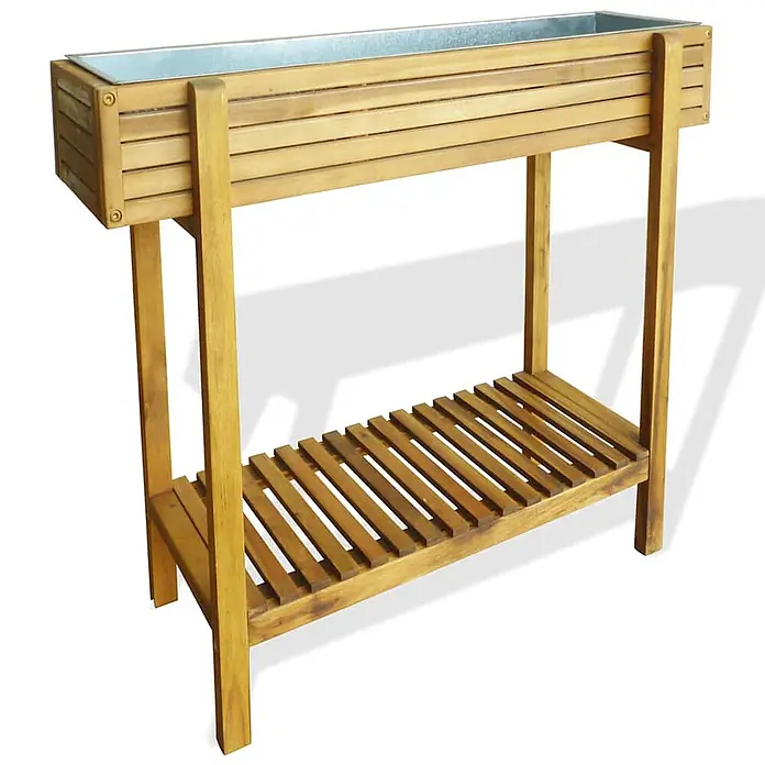 Furnicato Kräuterhochbeet Akazienholz mit Zinkauskleidung, 90x30x75 cm -  - Hölzerner Pflanzkasten mit Metalleinsatz auf einem Ständer und Lattenablage.