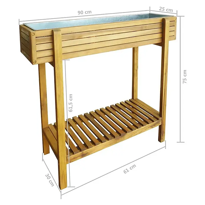Furnicato Kräuterhochbeet Akazienholz mit Zinkauskleidung, 90x30x75 cm -  - Hölzernes Hochbeet mit Metalleinsatz und Lamellenablage, in Naturholzfarbe.