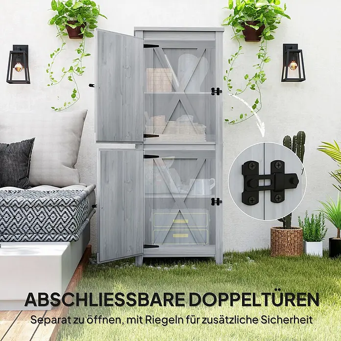 Furnicato Gartenschrank aus Tannenholz, Hellgrau, 60x60x160 cm -  - Grauer Holz-Gartenschrank mit Doppeltüren, schwarzen Riegeln und Ablagen, in einer Außenumgebung gezeigt.