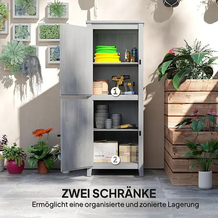 Furnicato Gartenschrank aus Tannenholz, Hellgrau, 60x60x160 cm -  - Grauer Holzschrank mit zwei Türen für organisierte Lagerung von Gartenartikeln im Freien, umgeben von Pflanzen.