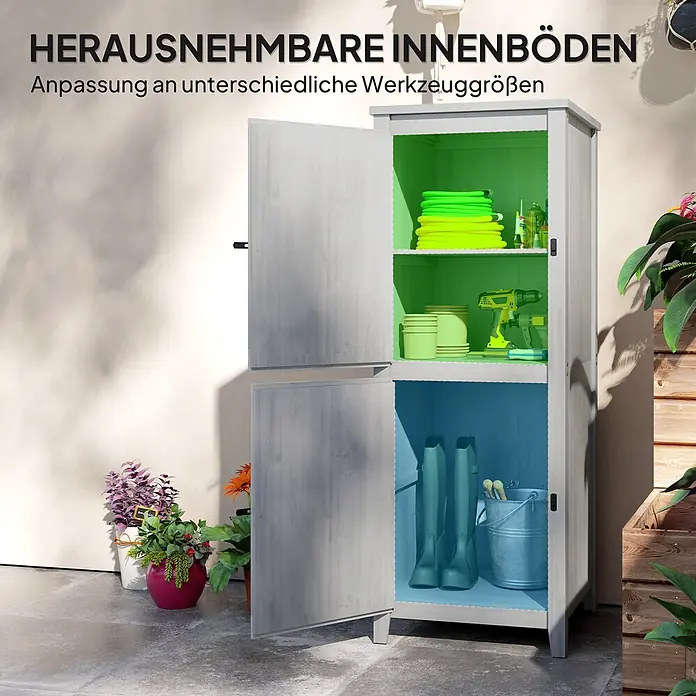 Furnicato Gartenschrank aus Tannenholz, Hellgrau, 60x60x160 cm -  - Hellgrauer Gartenschrank mit offenen Türen, zeigt verstellbare Einlegeböden für Gartengeräte und Stiefel.